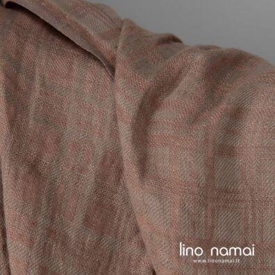 Lininis audinys rudai-pilkšvai raštuotas skalbtas tinka drabužiams ir namų tekstilei siūti