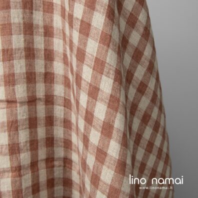 Lininis audinys rudai-pilkai languotas skalbtas tinka drabužiams ir namų tekstilei siūti