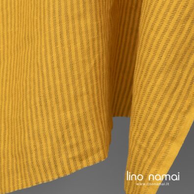 Geltonas dryžuotas lininis audinys skalbtas tinka drabužiams ir namų tekstilei siūti