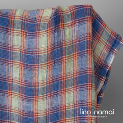 Permatomas lininis audinys mėlynais oranžiniais langeliais skalbtas, minkštas, švelnus