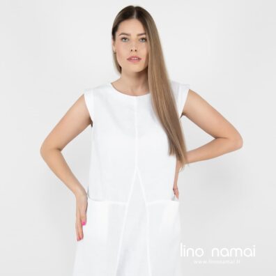 Ilga ryškiai balta berankovė lininė suknelė apvalia iškirpte