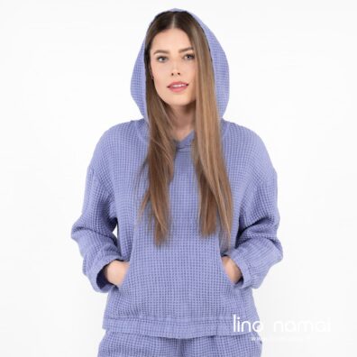 Melsvas lino-medvilnės džemperis su gobtuvu