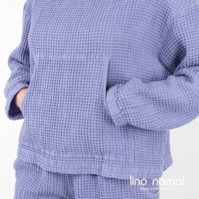 Melsvas lino-medvilnės džemperis su didele kišene priekyje