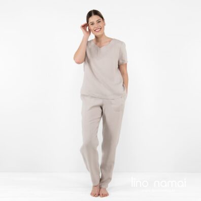 LILLY lininės rusvos kelnės ir palaidinė - patogus komplektukas namams ir laisvalaikiui