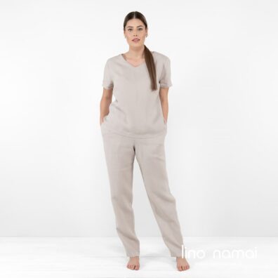 LILLY lininės rusvos kelnės ir deranti palaidinė