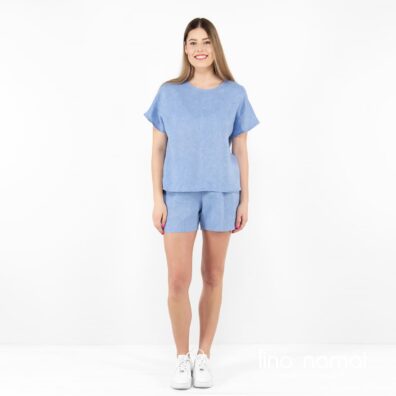 Lininiai žydrai mėlyni melanžiniai šortai, dydžiai 36-54