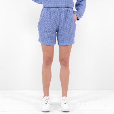 Trumpi melsvos spalvos lino-medvilnės šortai moterims