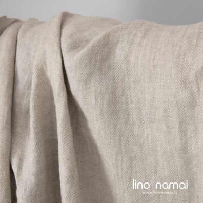 Lininis audinys „eglutės“ raštu, balta / natūrali, skalbtas minkštas švelnus