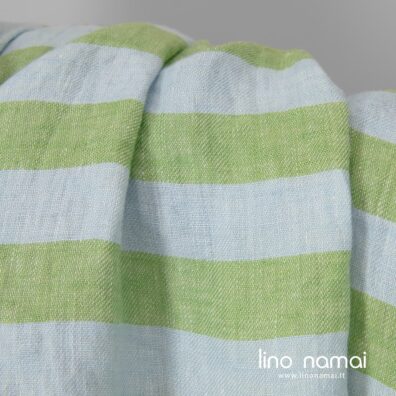 Lininis audinys žydromis ir žaliomis juostomis skalbtas tinka drabužiams ir namų tekstilei siūti