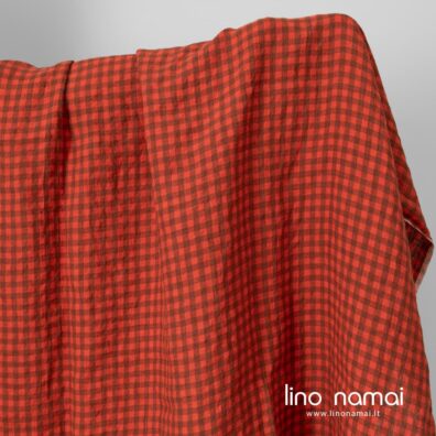 Lininis audinys raudonai-rudai languotas skalbtas minkštas švelnus