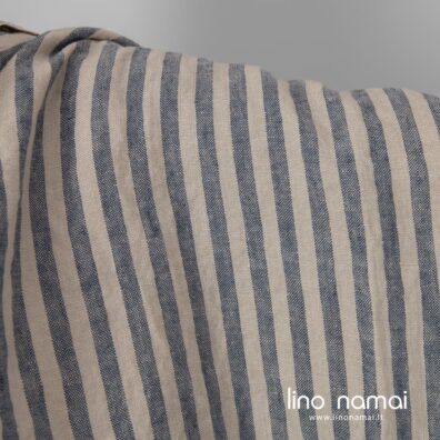 Lininis audinys rusvais ir mėlynais dryžiais skalbtas minkštas švelnus