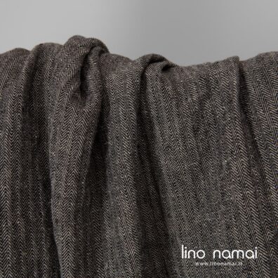 Lininis audinys „eglutės“ raštu, juoda / natūrali, skalbtas minkštas švelnus