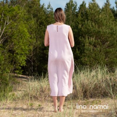 ELLE lininė rožinė suknelė su sagytės užsegimu nugaroje