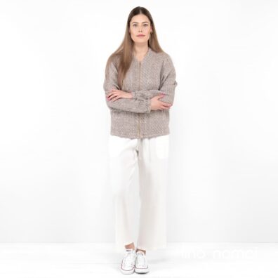 Lininis sportinio stiliaus švarkelis iš žakardinio rudai balto rombais austo audinio