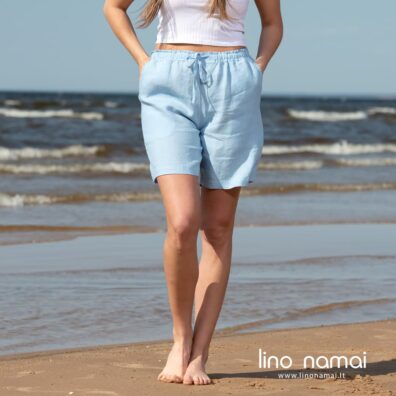 DOLFI lininiai žydri šortai su juosmenyje įvertu raišteliu