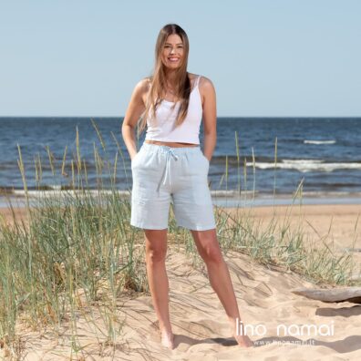 DOLFI lininiai melsvi šortai su įvertu raišteliu juosmenyje