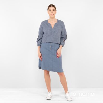 Lininis sijonas iš melanžinio audinio, kuriame suausti pilkšvai mėlyni ir tamsūs mėlynai pilki verpalai