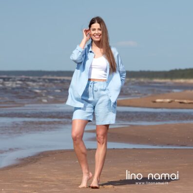 DOLFI lininė žydra palaidinė ilgomis rankovėmis