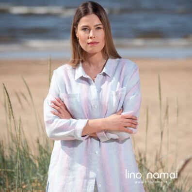 DOLFI lininė dryžuota palaidinė su sagų užsegimu per visą ilgį