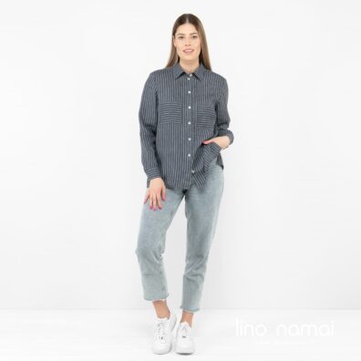 Lininė palaidinė iš pilkai mėlyno baltai dryžuoto audinio