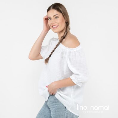 Lininė palaidinė tankaus ir reto pynimo langeliais iš ryškiai baltų verpalų