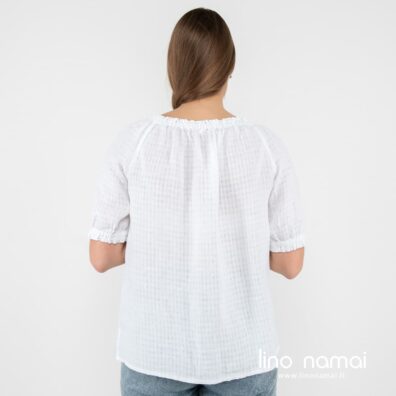 MELISA lininė laisvo silueto balta palaidinė trumpomis rankovėmis