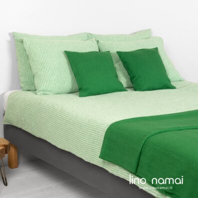 FROGA lininė patalynė žaliai dryžuota ir ryškiai žali dekoratyvinių pagalvėlių užvalkaliukai bei pledas