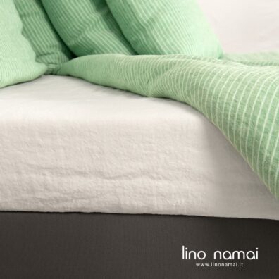 FROGA lininė patalynė žaliai dryžuota ir gelsvai balta paklodė NEMUNĖLIS