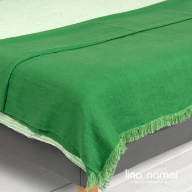 FROGA lininė patalynė žaliai dryžuota ir ryškiai žalias pledas