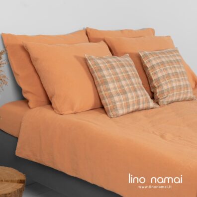 Melanžinė pilkšvai oranžinė lino-medvilnės patalynė, minkštas švelnus specialiai skalbtas audinys