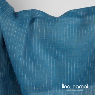Lininis audinys mėlynas su gelsvais dryžiais tinka drabužiams ir namų tekstilei siūti