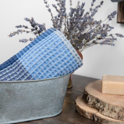 BINGO lino - medvilnės rankšluostis mėlynas languotas „vaflinis“