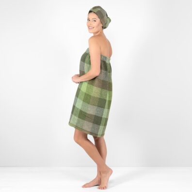 „Vaflinis“ minkštas specialiai skalbtas lino - medvilnės rankšluostis įvairių atspalvių žaliais langeliais