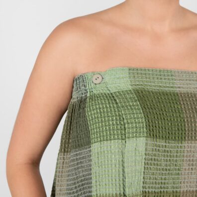 Lino - medvilnės samanų spalvos rankšluostis susegamas sagomis