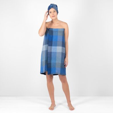 BINGO lininis mėlynas languotas susegamas rankšluostis