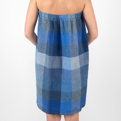 BINGO lino-medvilnės mėlynas languotas susegamas rankšluostis su guma nugaroje