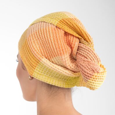 BINGO lino-medvilnės dušo kepurė oranžiniais ir geltonais langeliais susegama saga