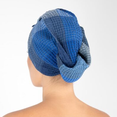 BINGO lino-medvilnės mėlyna languota dušo kepurė