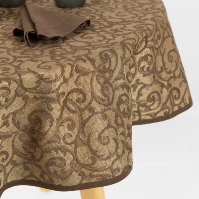 ATLANTA apvali (ovali) ruda raštuota lino - medvilnės staltiesė su aukso spalvos blizgesiu