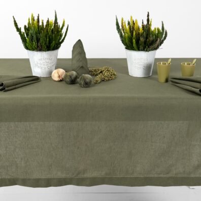 Samanų spalvos lino - medvilnės staltiesė su mereškuotais kraštais