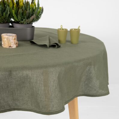 LUNA apvali, ovali samanų spalvos lino - medvilnės staltiesė