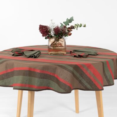 MIMOSA apvali, ovali žaliai-raudonai-rudai dryžuota staltiesė su ruoželio raštu