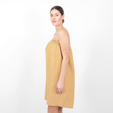 „Vaflinis“ lininis pirties rakšluostis, kurio audinyje suausti garstyčių geltonos ir natūralios spalvos verpalai