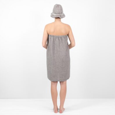 Lininis susegamas rankšluostis pilkai rudas melanžinis su ties krūtine įverta guma