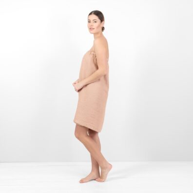 „Vaflinis“ lininis pirties rakšluostis, kurio audinyje suausti pudros ir natūralios spalvos verpalai