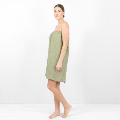 „Vaflinis“ lininis pirties rakšluostis, kurio audinyje suausti paparčio žalios ir natūralios spalvos verpalai