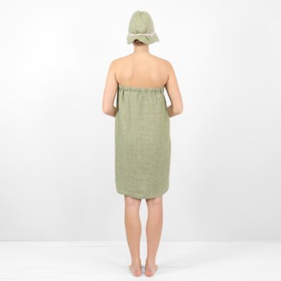 Lininis susegamas rankšluostis žalias-pilkšvas melanžinis iš minkšto švelnaus specialiai skalbto audinio