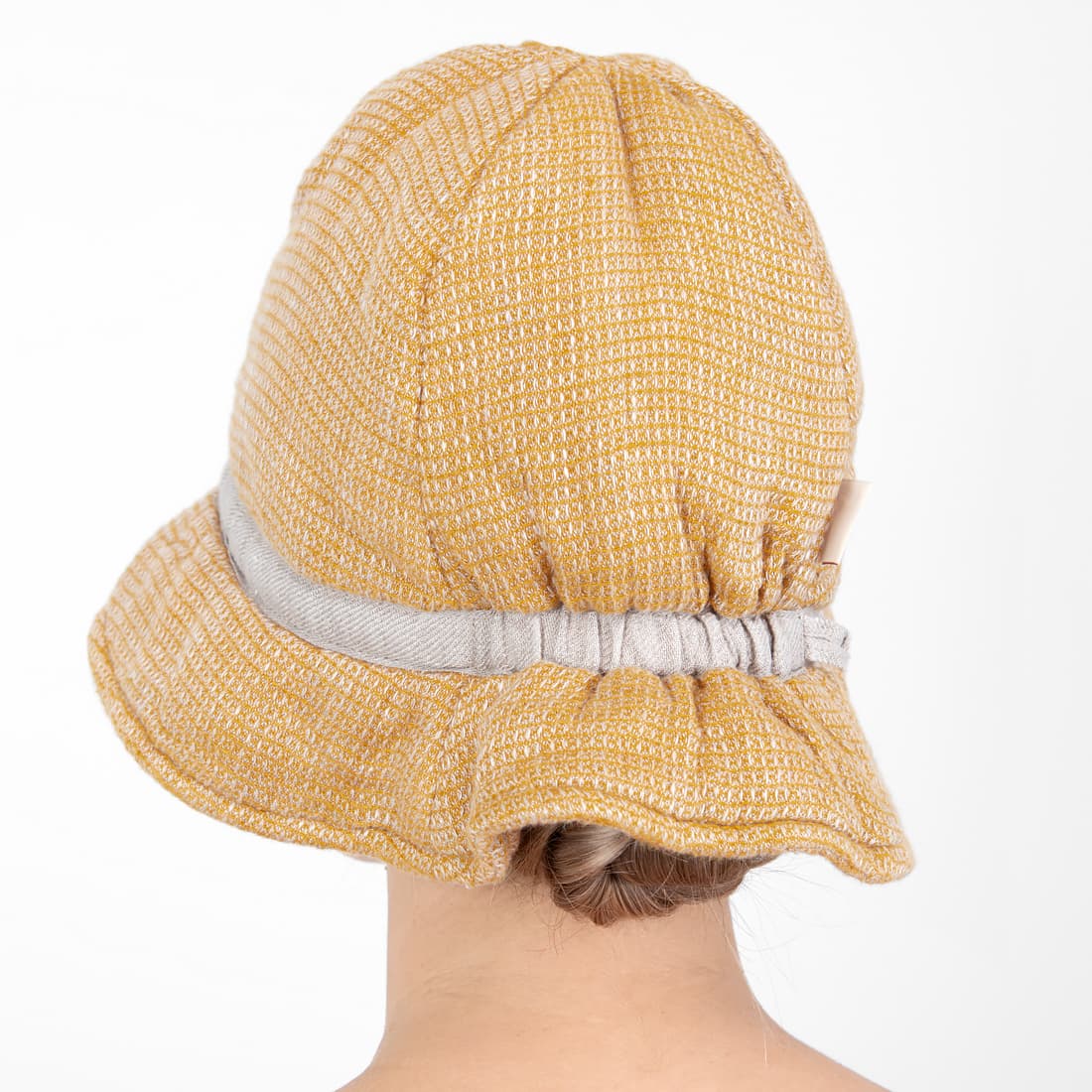 PURO lininė pirties kepurė geltona-pilkšva melanžinė su pilka juostele aplink