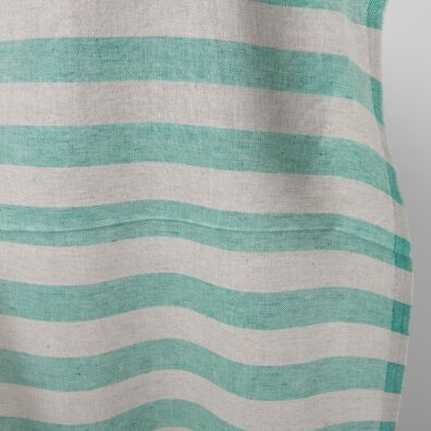 Lino - medvilnės audinys žaliai-pilkai dryžuotas drabužiams ir namų tekstilei siūti