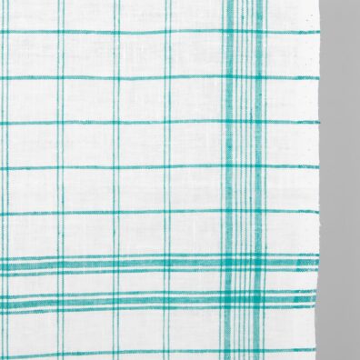 Lininis audinys rankšluostinis pieno baltumo su žaliais langeliais, 50cm pločio